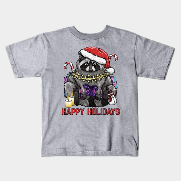 Happy Holidays Raccoon Kids T-Shirt by Art by Veya